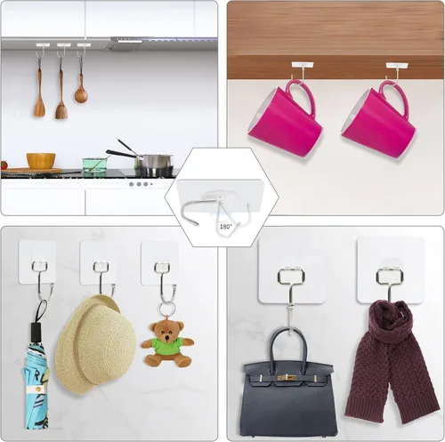 Vista 3 de Paquete de 10 ganchos de pared grandes para colgar resistentes de 33 libras (máximo), ganchos de pared adhesivos transparentes impermeables sin