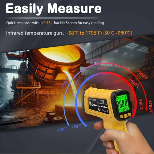 Vista 2 de Termómetro infrarrojo pirómetro pistola de temperatura -58°F a 1796°F, relación de distancia 50:1, pistola de temperatura IR láser para cocinar