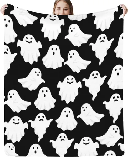 Vista 2 de Jbralid Manta de Halloween divertida con fantasma, lindo y espeluznante de Halloween, manta de franela ligera y acogedora para dormitorio, sala