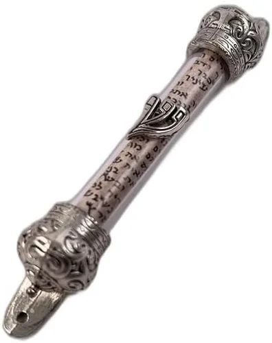 Vista 3 de Mezuzah Puerta de cristal Plata Judaísmo Oración de Jerusalén Pergamino No Kosher