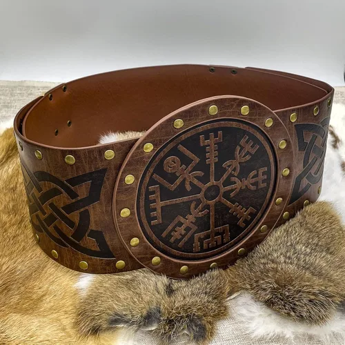 Vista 6 de HiiFeuer Viking Cinturón ancho en relieve cinturón nórdico de piel sintética con corsé de caballero disfraz LARP de Halloween