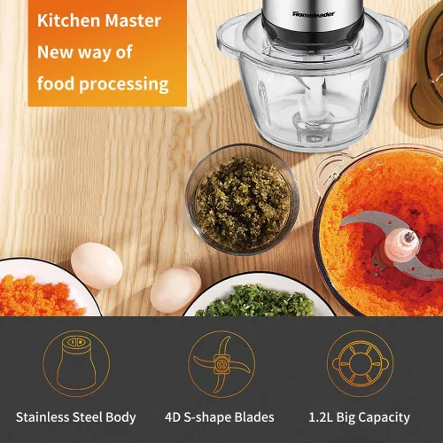 Vista 2 de Picadora eléctrica de alimentos, procesador de alimentos de 5 tazas de Homeleader, molinillo de cuenco de vidrio de 1.2L para carne, verduras
