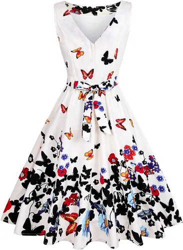 Vista 3 de OWIN Vestido de cóctel vintage de los años 50 para mujer, sin mangas, con bolsillos