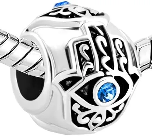 Vista 2 de Dije de Fátima de mano Hamsa de mal de ojo compatible con pulseras Pandora CZ azul, Islam, mujeres, novia, Navidad, familia, hija, hermana, Metal