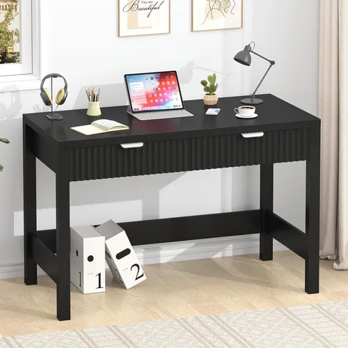 Vista 12 de YOMILUVE Escritorio estriado para computadora con 2 cajones, escritorio pequeño de computadora de 39 pulgadas con almacenamiento, escritorio Blanco