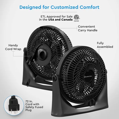 Vista 8 de Comfort Zone PowrCurve CZHV101BK - Ventilador de piso de 3 velocidades de 9 pulgadas con inclinación ajustable de 180 grados, 6 aspas