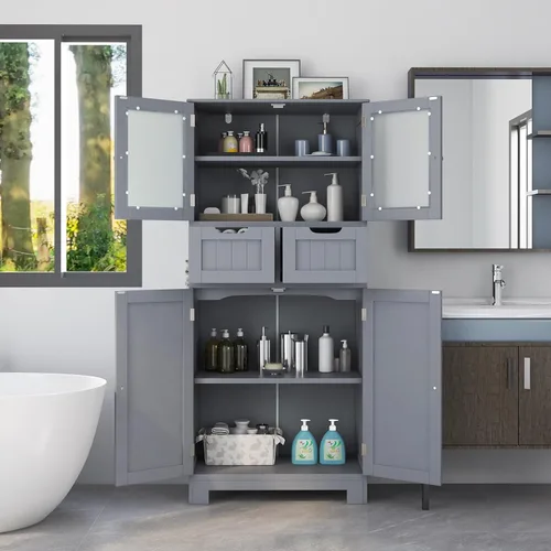 Vista 7 de COSTWAY Armario de almacenamiento de baño, organizador de baño independiente con puertas de vidrio, 2 cajones y 2 estantes ajustables, armario alto