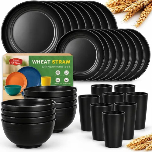 Vista 18 de Teivio Juego de vajilla de plástico de paja de trigo de 32 piezas para cocina, servicio para 8, platos, cuencos y tazas irrompibles, vajilla
