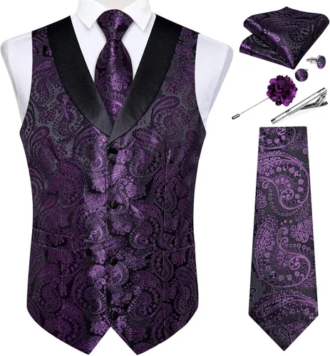 Vista 32 de DiBanGu Chaleco de traje de cachemira para hombre, chaleco jacquard de seda y corbata, chaleco formal de cuello de chal, 7 piezas para fiesta