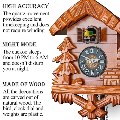Vista 2 de TIMEGEAR Reloj de cuco de madera con modo nocturno, péndulo oscilante y movimiento de cuarzo (cereza)