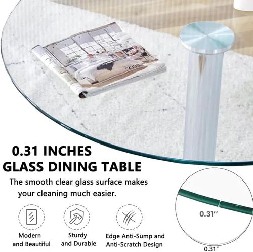 Vista 4 de Mesa de comedor redonda de cristal de 23.4 pulgadas, moderna circular, base resistente y perfecta para 2 a 4 asientos, estilo bistró para comedor