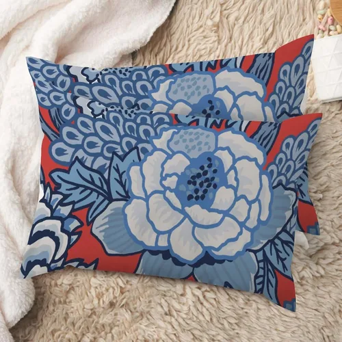 Vista 44 de Juego de 2 almohadas coloridas de estilo chinoiserie, color rosa intenso, azul real, peonía, floral, blanco, lino, estilo chinoiserie, para sofá