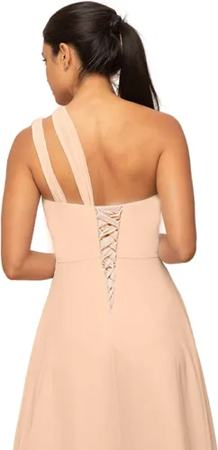 Vista 3 de Huaxiafan Vestido de dama de honor de un hombro, corto, de gasa, acampanado, por encima de la rodilla, formal, para invitados de boda, con bolsillos