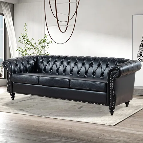 Vista 4 de Chesterfield Sofás para sala de estar, brazo enrollado negro de 3 plazas, cuero sintético de 84 pulgadas, sofá grande con botón profundo con cabeza