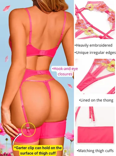 Vista 3 de Kaei&Shi Bordado floral, con aros, tanga y liguero, lencería de 4 piezas