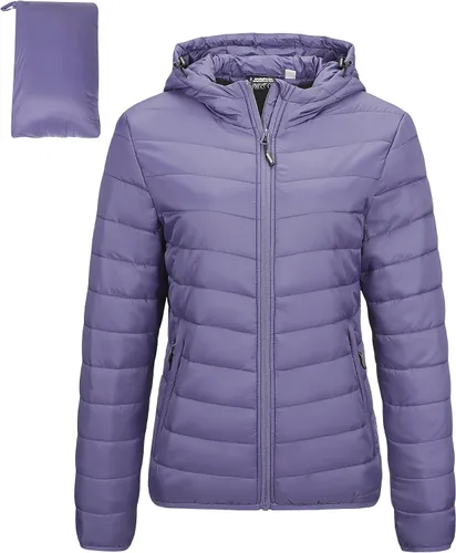 Vista 19 de Outdoor Ventures Chaqueta Puffer Ligera Empacable para Mujer con Cremallera Completa y Capucha, Abrigo de Invierno Acolchado Verde militar