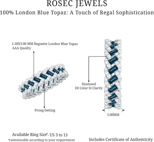 Vista 3 de Natural London Blue Topaz Baguette Wedding Band, AAA Quality 10K oro blanco