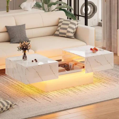 Vista 9 de HedoAjim - Mesa de café LED negra con almacenamiento para sala de estar, mesa de centro rectangular para sala de estar, mesas de café modernas