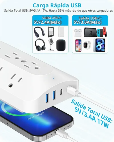 Vista 5 de Extensor de 9 salidas de CA, toma de pared de enchufe múltiple con USB C