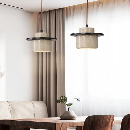 Vista 2 de Lámpara colgante japonesa Wabi Sabi de piedra natural, lámpara colgante de travertino amarillo nórdico para isla de cocina, candelabro de madera