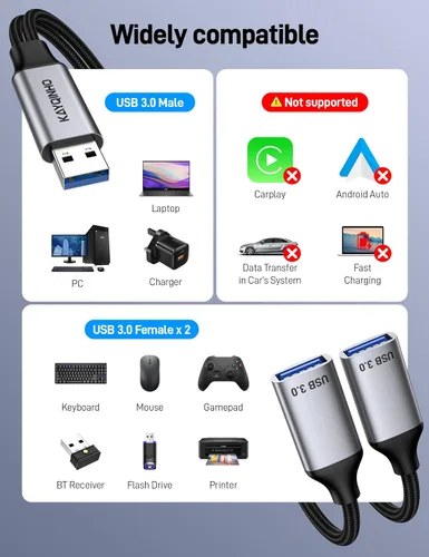 Vista 3 de Divisor USB 3.0 de 1 en 2 salidas, cable USB divisor Y, cable USB macho a 2 hembras para PC, tableta, portátil, MacBook, teclado, PS4, PS5, mouse