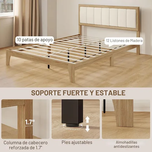 Vista 5 de HOMCOM Base de cama tamaño Queen con cabecera tapizada, marco de cama de plataforma con listones de madera, no necesita somier, fácil montaje