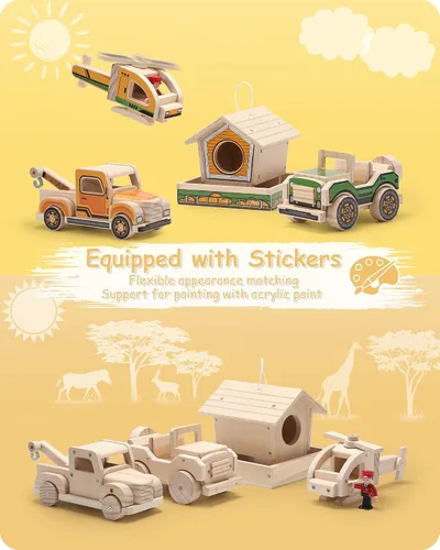Vista 2 de SainSmart Jr. Kit de construcción de carpintería, juego de proyectos STEM 4 en 1 para niños, juguetes de montaje de manualidades de madera