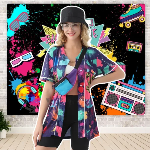 Vista 5 de Traje de los años 80 y 90 para mujer, camiseta de béisbol, pantalones cortos, riñonera, disfraz de fiesta retro, accesorios de representante
