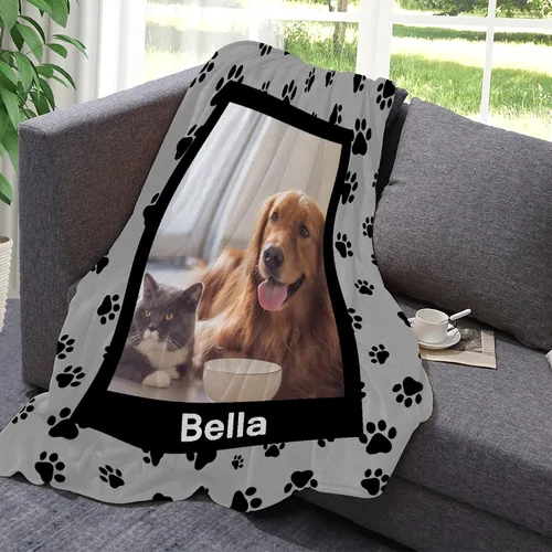 Vista 5 de Manta Personalizada de Huellas de Perro con Foto y Nombre para Amantes de Mascotas, Manta Suave de Franela de Vellón Regalo para Amantes de Perros