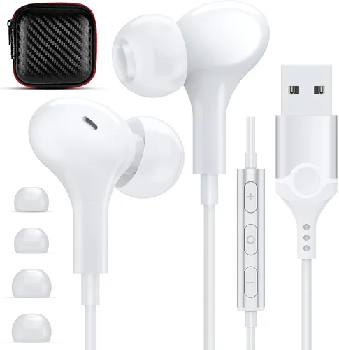 Vista 10 de Auriculares USB con micrófono para laptop, auriculares magnéticos con cable de 7.5 pies con aislamiento de ruido, auriculares intrauditivos