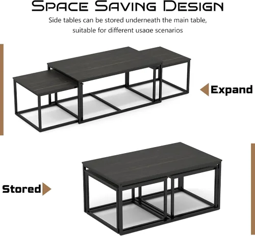 Vista 3 de Mesas de centro anidables, mesa de centro de 3 piezas, mesa auxiliar rectangular industrial, mesas auxiliares para sala de estar y dormitorio (negro)