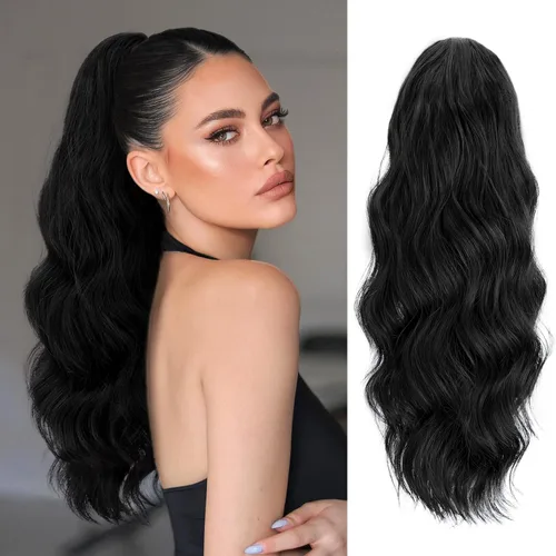 Vista 25 de FREEMEIGE Extensión de Cola de Caballo Negra con Cordón Extensión de Cola de Caballo Larga y Ondulada para Mujeres Extensión de Cabello de Cola de 1b