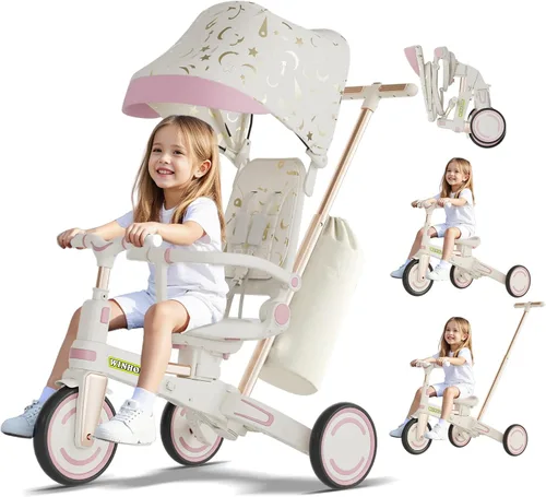Vista 11 de WinHope Triciclo de empuje 9 en 1 para niños pequeños de 1 a 3 años, triciclo convertible para niños con asa de empuje y cinturón de seguridad