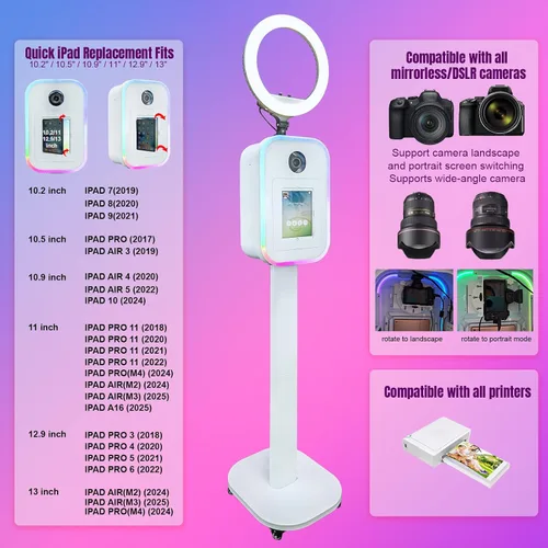 Vista 3 de Máquina portátil de cabina de fotos 2 en 1 - Compatible con iPad 10.2-13 y cámara DSLR, con funda de vuelo, control de aplicación RGB luz