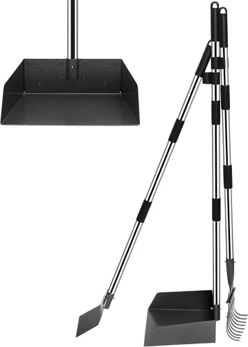 Vista 8 de Niubya Recogedor de excrementos para perros, bandeja de metal para recoger excrementos y rastrillo con mango largo ajustable, recogedor de Negro