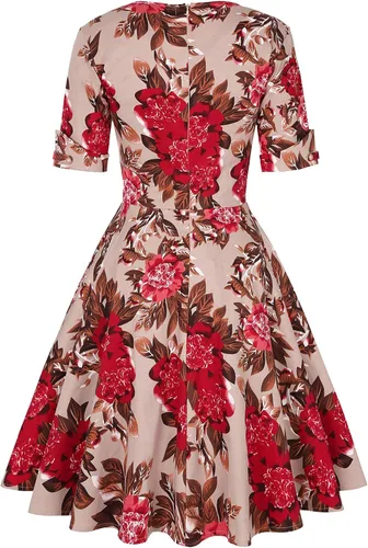 Vista 4 de MINTLIMIT Vestido vintage de los años 50 con cuello en V y media manga para mujer, vestido de cóctel retro acampanado liso