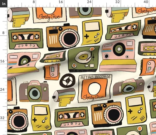 Vista 2 de Spoonflower Tela - Cinta de cassette Cámaras retro Fotografía Analógica Música Vintage Impreso en Pétalos Tela de Algodón Fat Quarter - Costura