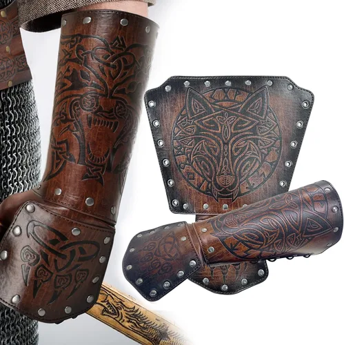 Vista 3 de Guantelete de Fenrir vikingo medieval, armadura medieval de cuero sintético, armadura de caballero, disfraz de Halloween LARP