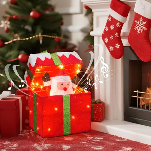 Vista 8 de PEIDUO Papá Noel de Navidad animado en caja de regalo iluminada, luces decorativas de música navideña con sensor de movimiento, decoraciones