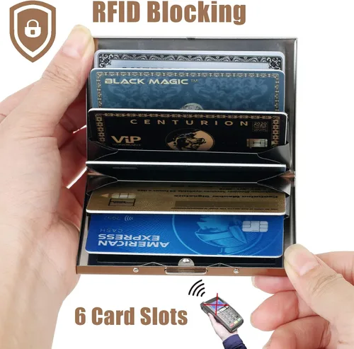 Vista 25 de BONSYL® Soporte para tarjetas de crédito, cartera delgada de metal con bloqueo RFID, con 6 ranuras para tarjetas, para mujeres y hombres.