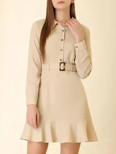 Vista 2 de Allegra K Vestido camisero con cuello de punto y volantes para mujer