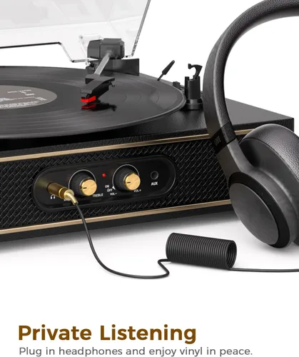 Vista 7 de Tocadiscos retro Bluetooth con altavoces integrados, tocadiscos de 3 velocidades por correa, control de graves y agudos, reproductor de vinilo Negro
