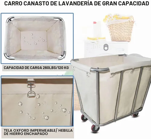 Vista 4 de Carrito de lavandería de 10 bushel con ruedas, resistente, industrial, para el hogar, color beige, grande, cesta de lavandería, cesta de servicio