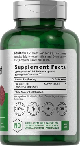 Vista 2 de Horbäach Arroz de levadura roja 1200 mg 120 cápsulas Suplemento sin OMG, sin gluten