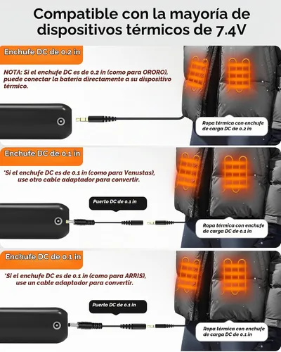 Vista 7 de Glaais Chaleco térmico de 5 V, 7,4 V, 18400 mAh, batería compatible con ORORO, batería para chaleco térmico con LED, batería recargable para Negro