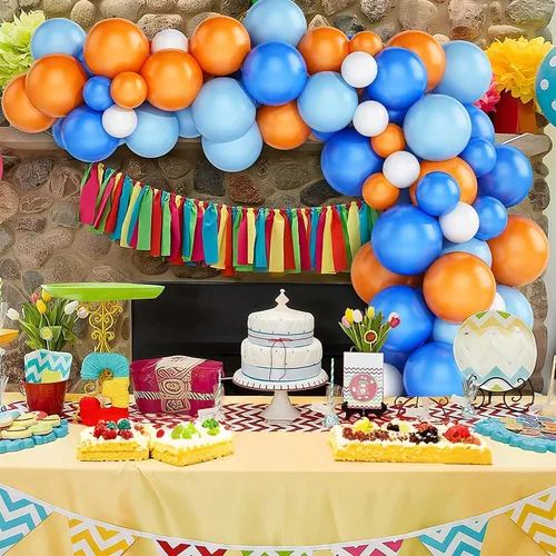 Vista 4 de Kit de arco de guirnalda de globos, kit de arco de globos azul y naranja y blanco, guirnalda de globos, globos de látex para decoración