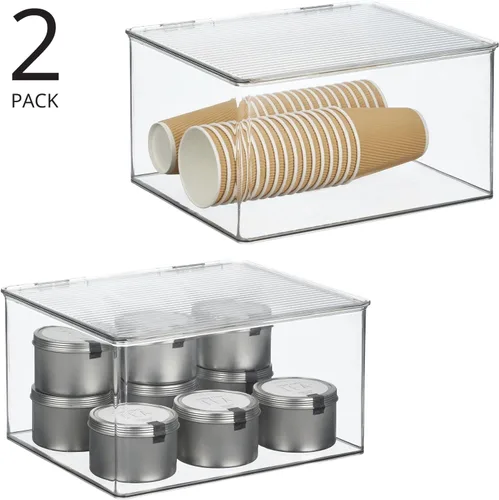 Vista 2 de mDesign Caja apilable de plástico con tapa con bisagras para cocina, despensa, armario, nevera/congelador, caja organizadora ancha para aperitivos