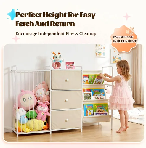Vista 5 de Bookshelf and Toy Storage Organizer, 3-Tier Sling Book Rack with Stuffed Animal Storage and Toy Bins, Space Saving Bookcase for Bedroom, Playroom