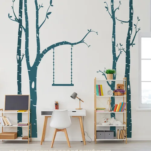 Vista 8 de Calcomanías de pared de árbol grande, arte de pared de bosque de abedul, despegar y pegar, calcomanías de pared para guardería, dormitorio, sala