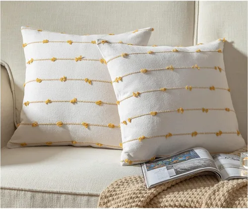 Vista 16 de Caflife Fundas de Almohada Decorativas Boho 18x18 pulgadas Beige y Negro, Juego de 2 Fundas de Almohada Decorativas Modernas Estilo Granja para Sofá